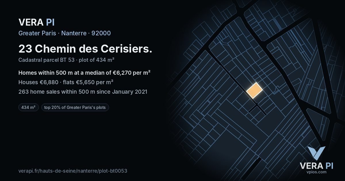 23 Chemin des Cerisiers, Nanterre at night – the plot lit, the parcels around coloured by the prices near them