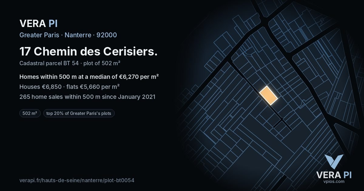 17 Chemin des Cerisiers, Nanterre at night – the plot lit, the parcels around coloured by the prices near them