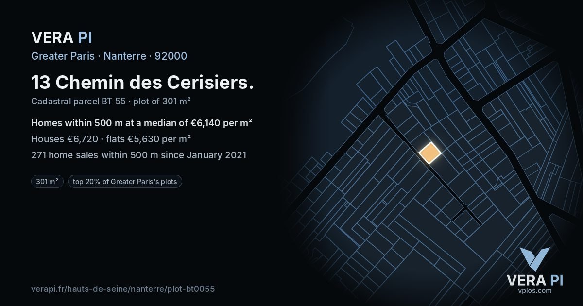 13 Chemin des Cerisiers, Nanterre at night – the plot lit, the parcels around coloured by the prices near them