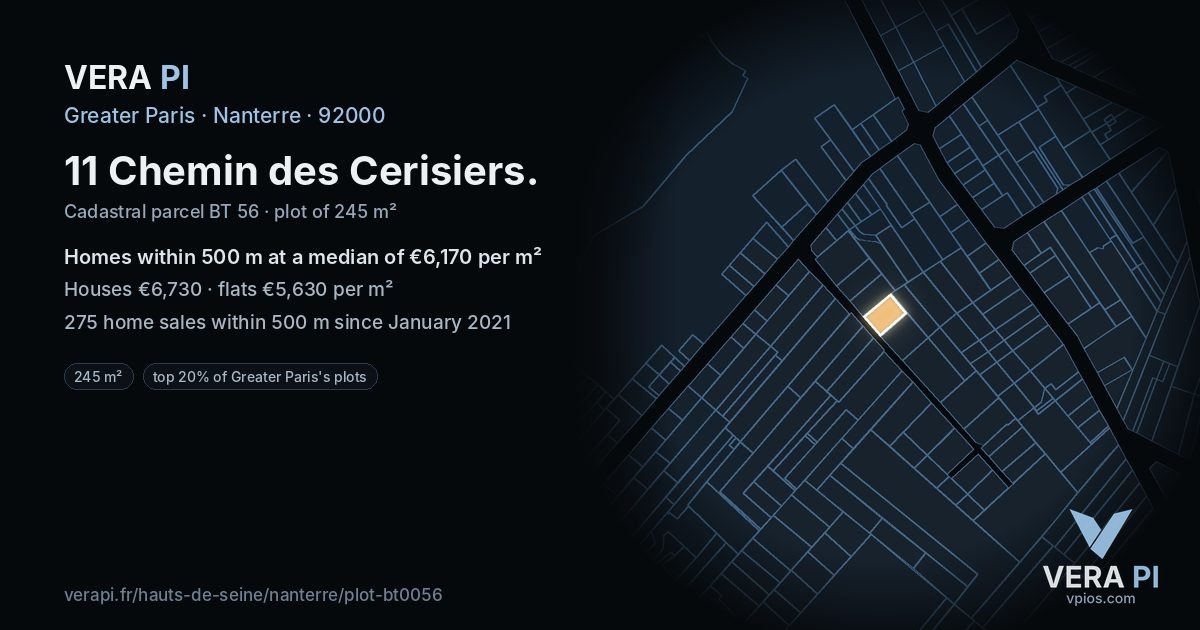 11 Chemin des Cerisiers, Nanterre at night – the plot lit, the parcels around coloured by the prices near them
