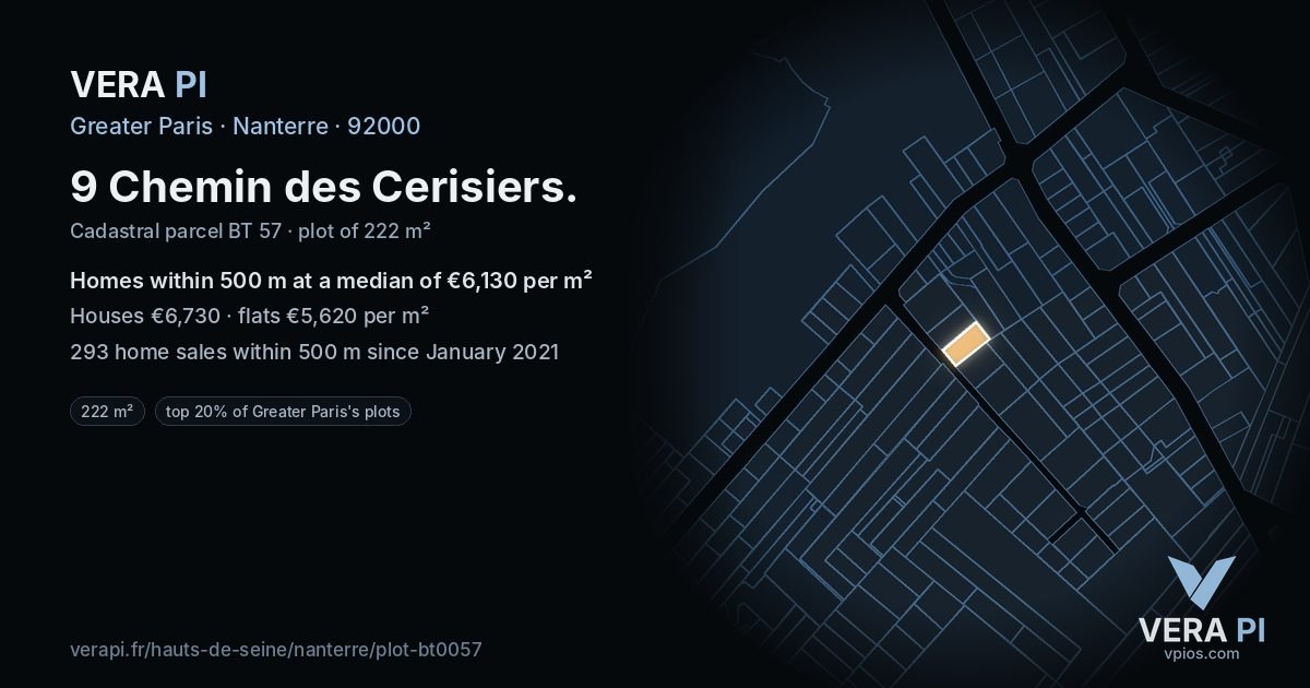 9 Chemin des Cerisiers, Nanterre at night – the plot lit, the parcels around coloured by the prices near them