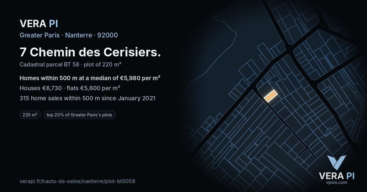 7 Chemin des Cerisiers, Nanterre at night – the plot lit, the parcels around coloured by the prices near them