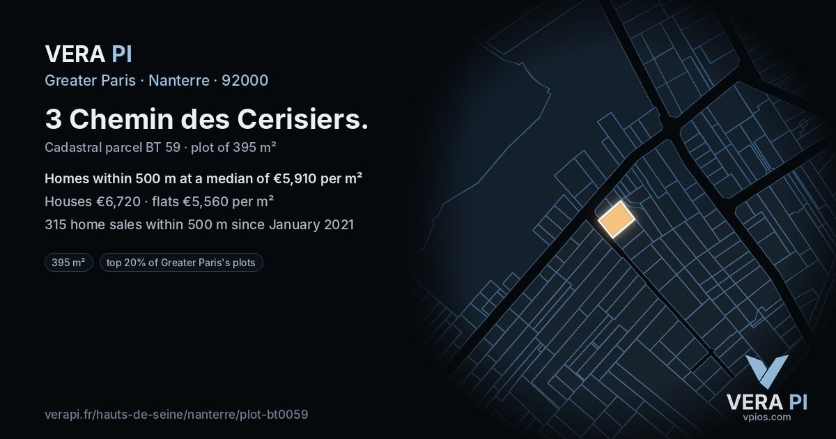 3 Chemin des Cerisiers, Nanterre at night – the plot lit, the parcels around coloured by the prices near them