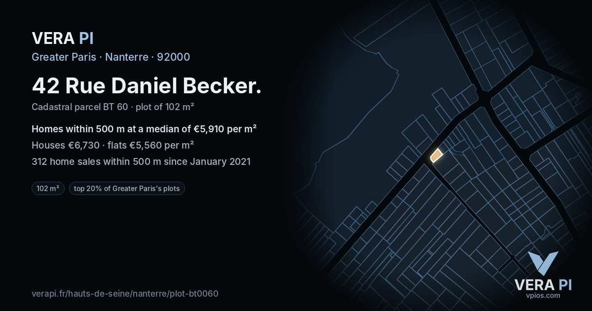 42 Rue Daniel Becker, Nanterre at night – the plot lit, the parcels around coloured by the prices near them