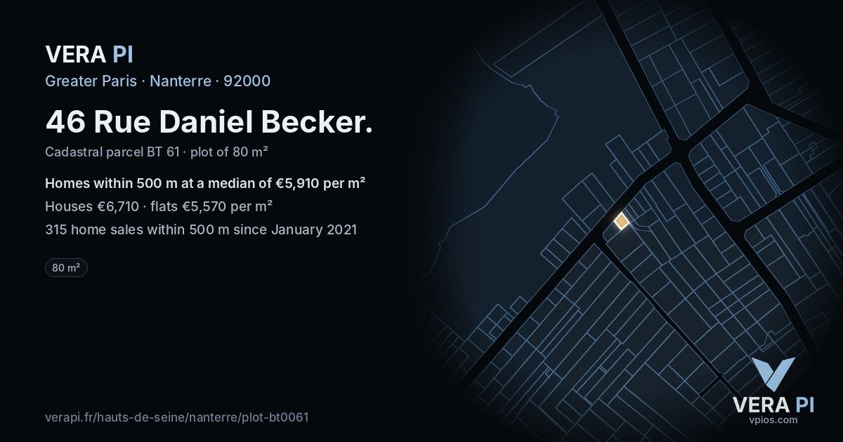 46 Rue Daniel Becker, Nanterre at night – the plot lit, the parcels around coloured by the prices near them