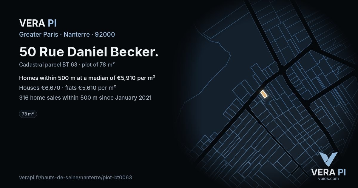 50 Rue Daniel Becker, Nanterre at night – the plot lit, the parcels around coloured by the prices near them
