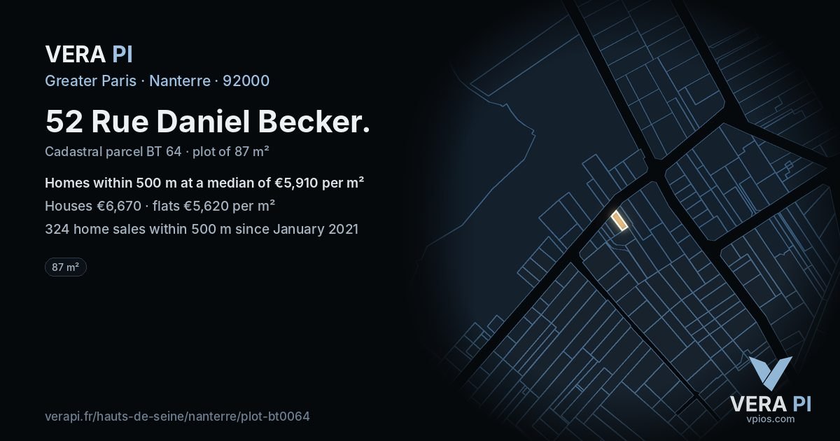 52 Rue Daniel Becker, Nanterre at night – the plot lit, the parcels around coloured by the prices near them