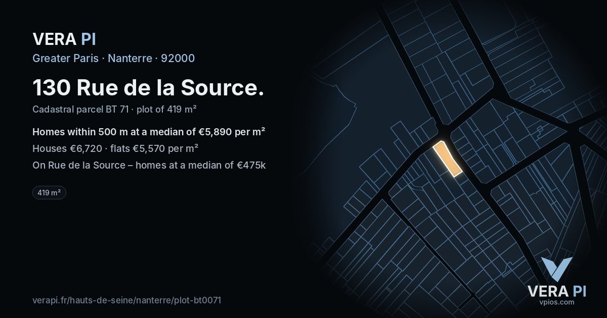 130 Rue de la Source, Nanterre at night – the plot lit, the parcels around coloured by the prices near them