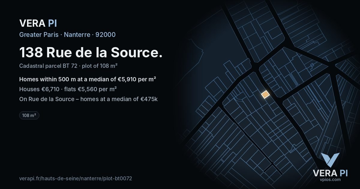 138 Rue de la Source, Nanterre at night – the plot lit, the parcels around coloured by the prices near them