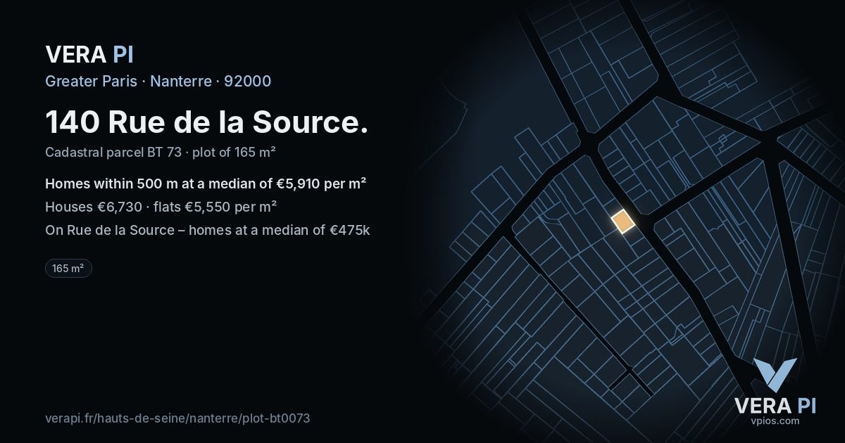 140 Rue de la Source, Nanterre at night – the plot lit, the parcels around coloured by the prices near them