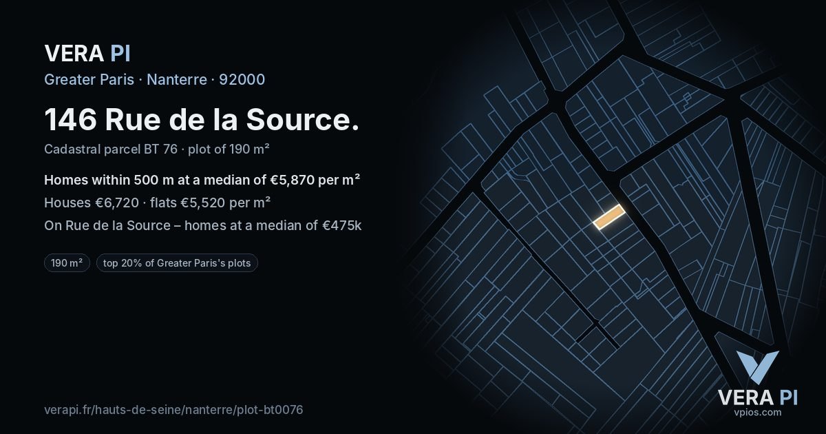 146 Rue de la Source, Nanterre at night – the plot lit, the parcels around coloured by the prices near them