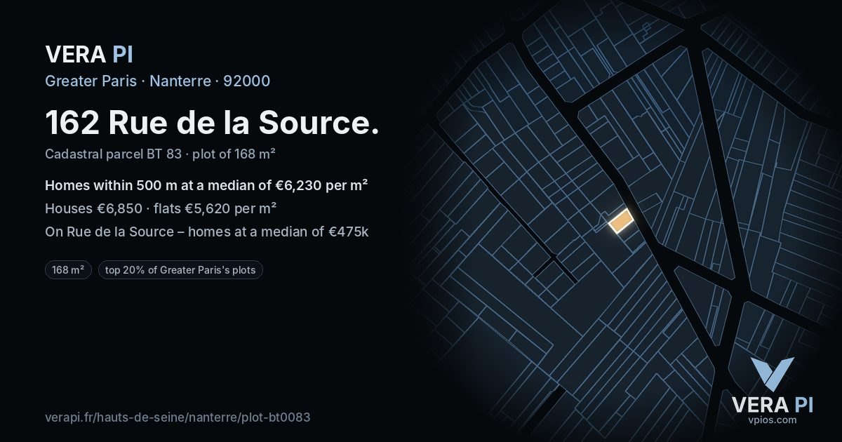 162 Rue de la Source, Nanterre at night – the plot lit, the parcels around coloured by the prices near them