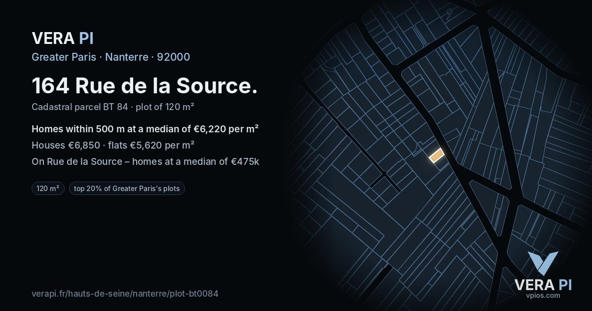 164 Rue de la Source, Nanterre at night – the plot lit, the parcels around coloured by the prices near them