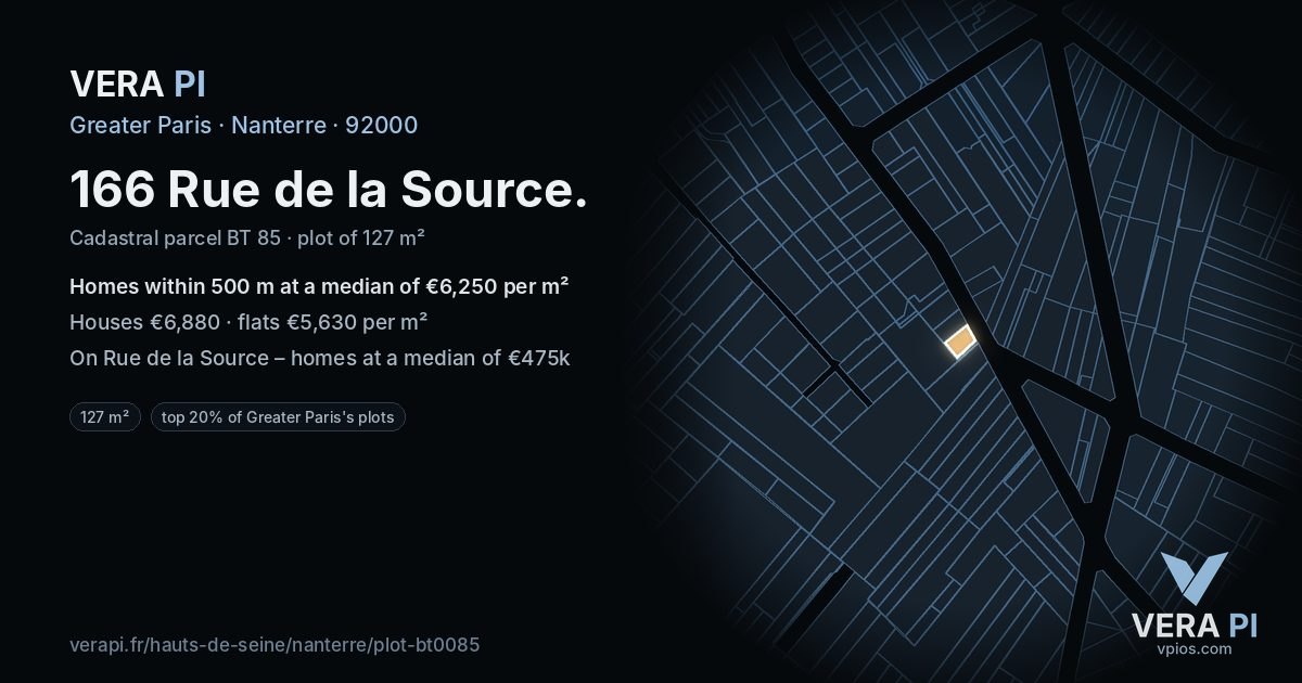166 Rue de la Source, Nanterre at night – the plot lit, the parcels around coloured by the prices near them