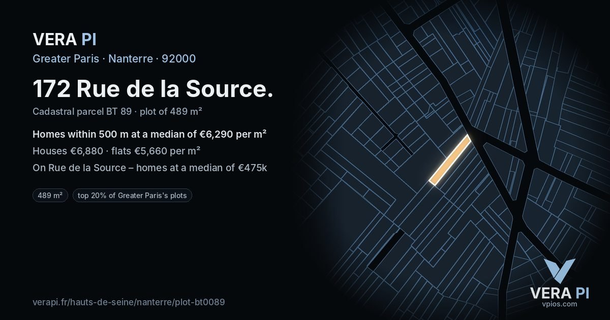 172 Rue de la Source, Nanterre at night – the plot lit, the parcels around coloured by the prices near them