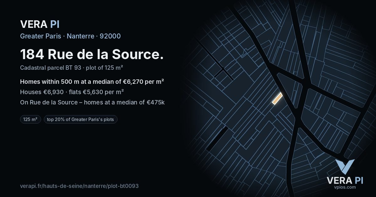 184 Rue de la Source, Nanterre at night – the plot lit, the parcels around coloured by the prices near them