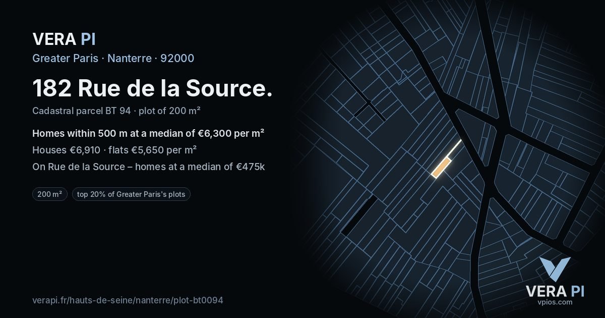 182 Rue de la Source, Nanterre at night – the plot lit, the parcels around coloured by the prices near them