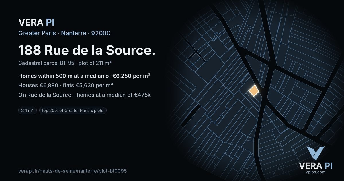 188 Rue de la Source, Nanterre at night – the plot lit, the parcels around coloured by the prices near them