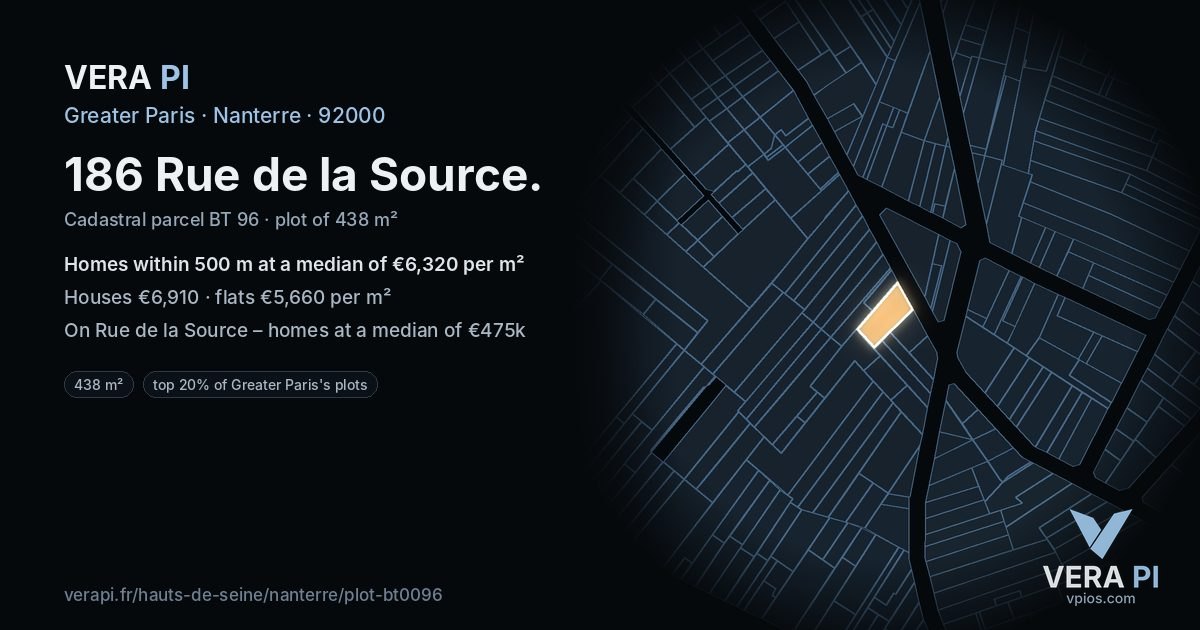 186 Rue de la Source, Nanterre at night – the plot lit, the parcels around coloured by the prices near them