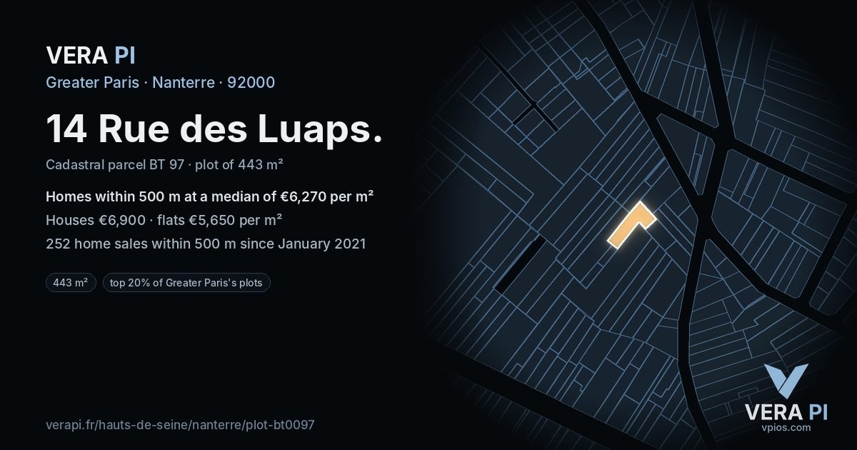 14 Rue des Luaps, Nanterre at night – the plot lit, the parcels around coloured by the prices near them