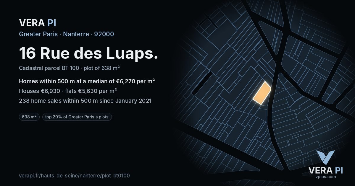 16 Rue des Luaps, Nanterre at night – the plot lit, the parcels around coloured by the prices near them