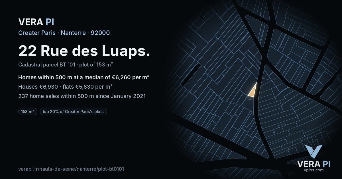 22 Rue des Luaps, Nanterre at night – the plot lit, the parcels around coloured by the prices near them