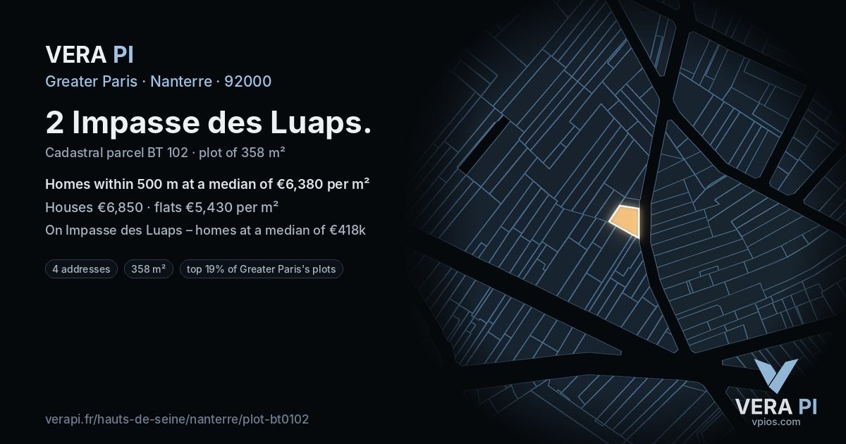 2 Impasse des Luaps, Nanterre at night – the plot lit, the parcels around coloured by the prices near them