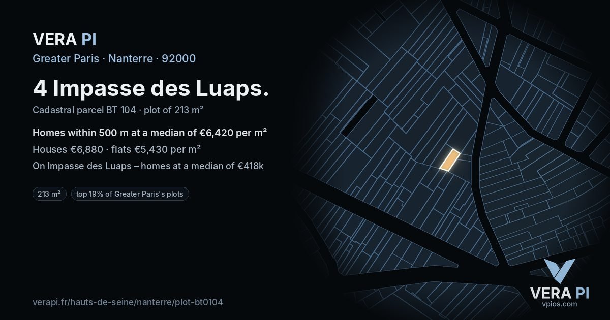 4 Impasse des Luaps, Nanterre at night – the plot lit, the parcels around coloured by the prices near them
