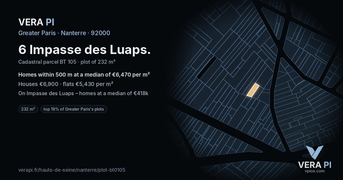 6 Impasse des Luaps, Nanterre at night – the plot lit, the parcels around coloured by the prices near them