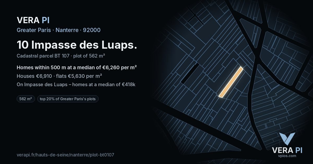 10 Impasse des Luaps, Nanterre at night – the plot lit, the parcels around coloured by the prices near them