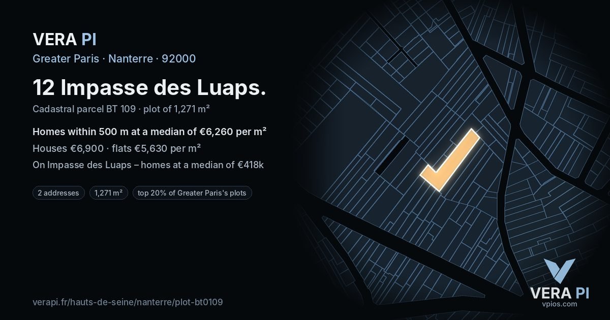 12 Impasse des Luaps, Nanterre at night – the plot lit, the parcels around coloured by the prices near them