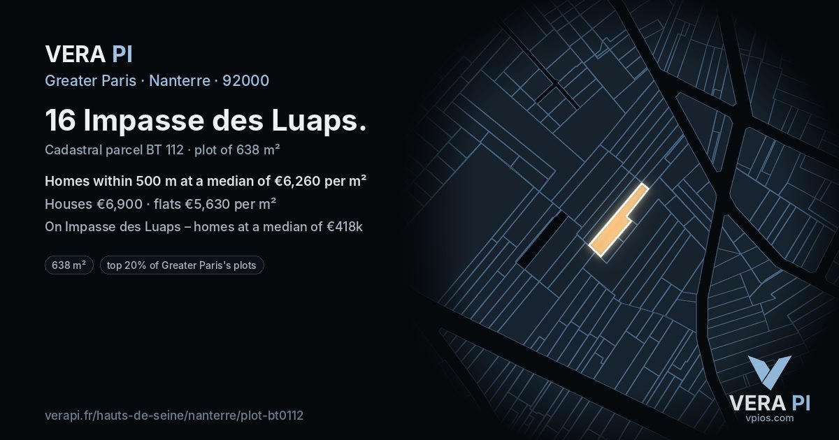 16 Impasse des Luaps, Nanterre at night – the plot lit, the parcels around coloured by the prices near them