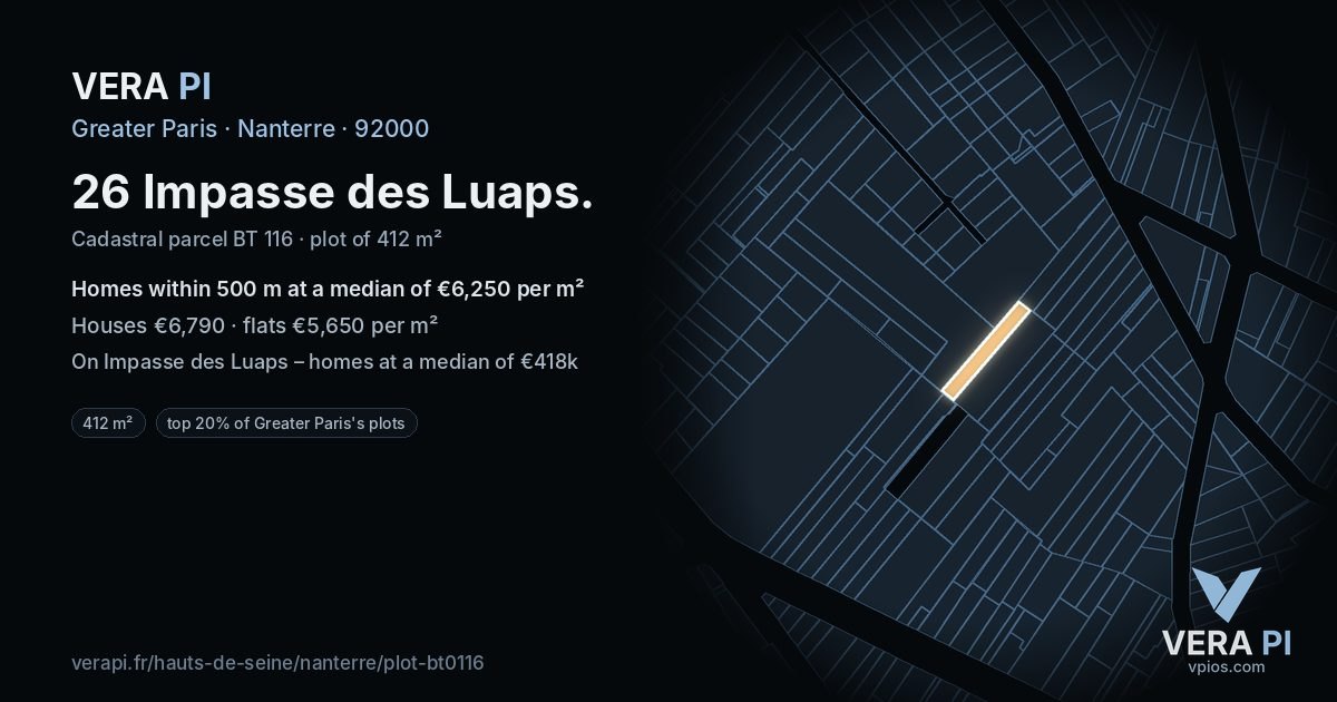 26 Impasse des Luaps, Nanterre at night – the plot lit, the parcels around coloured by the prices near them