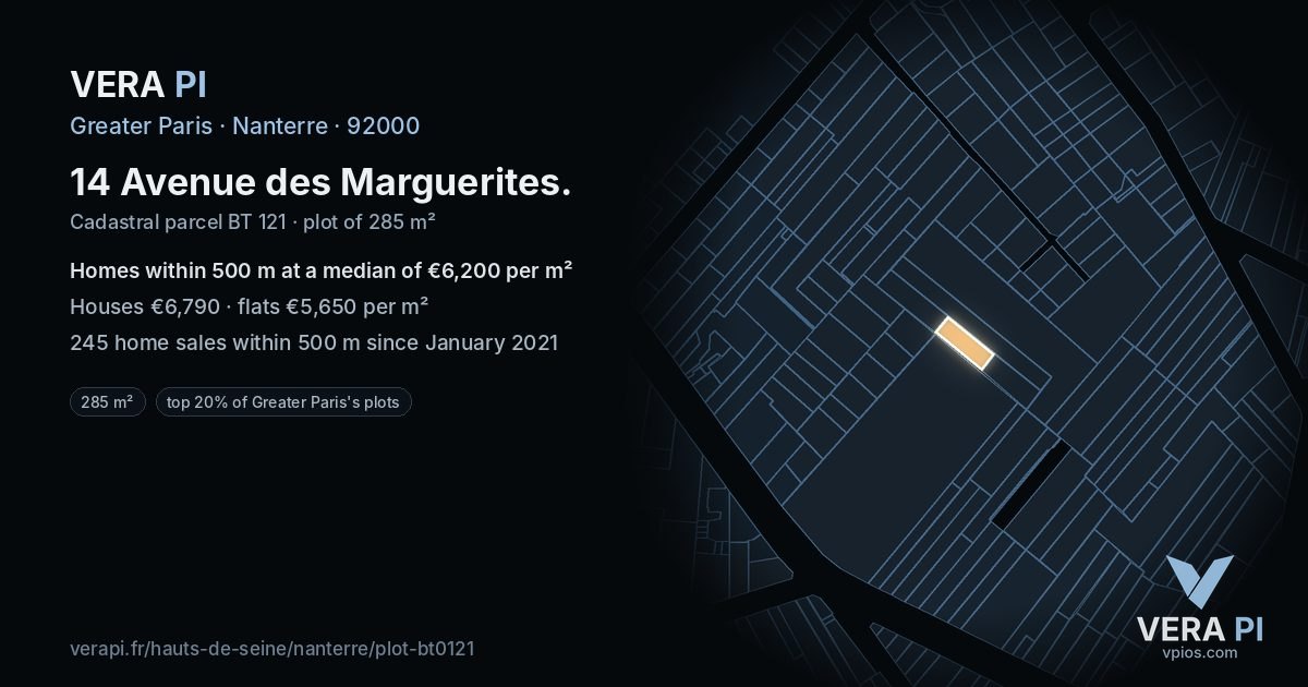 14 Avenue des Marguerites, Nanterre at night – the plot lit, the parcels around coloured by the prices near them