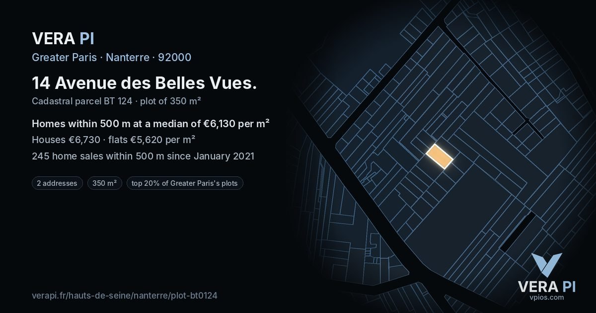 14 Avenue des Belles Vues, Nanterre at night – the plot lit, the parcels around coloured by the prices near them