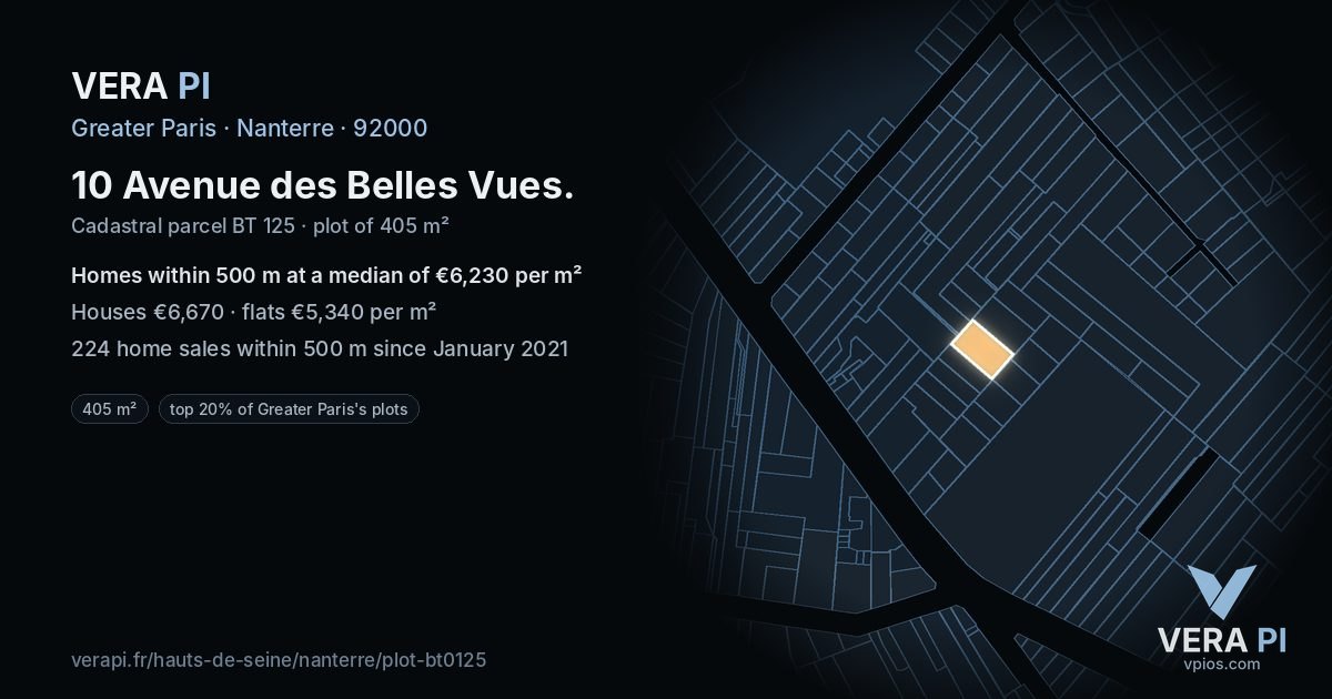 10 Avenue des Belles Vues, Nanterre at night – the plot lit, the parcels around coloured by the prices near them