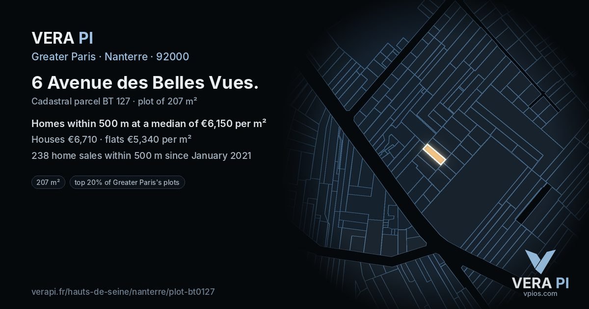 6 Avenue des Belles Vues, Nanterre at night – the plot lit, the parcels around coloured by the prices near them
