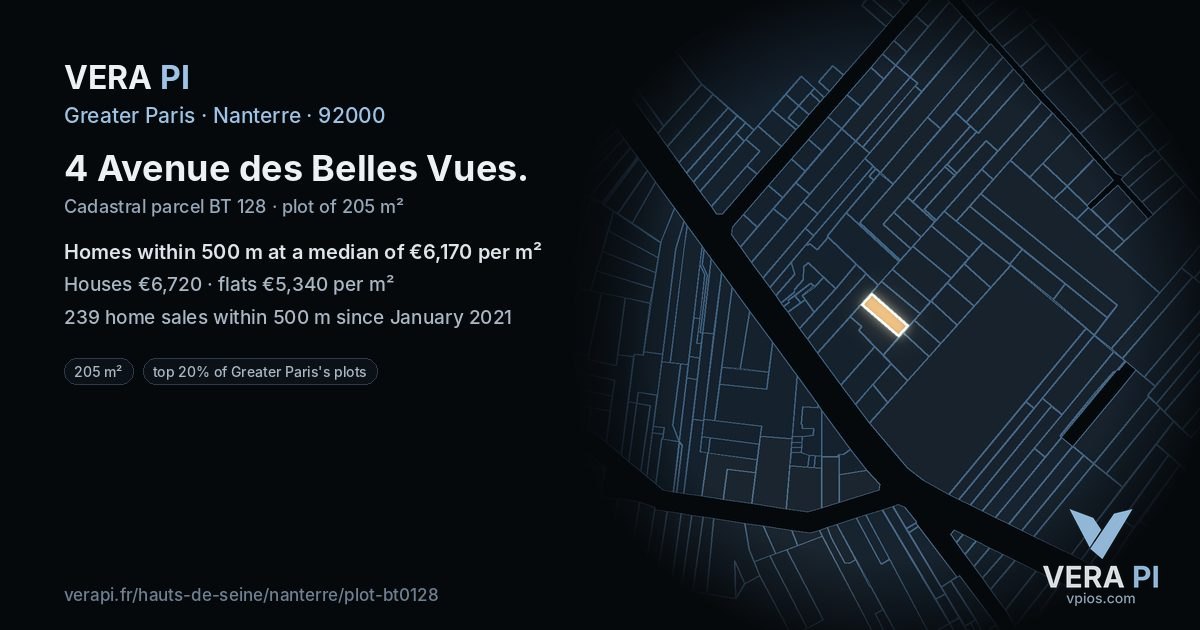 4 Avenue des Belles Vues, Nanterre at night – the plot lit, the parcels around coloured by the prices near them