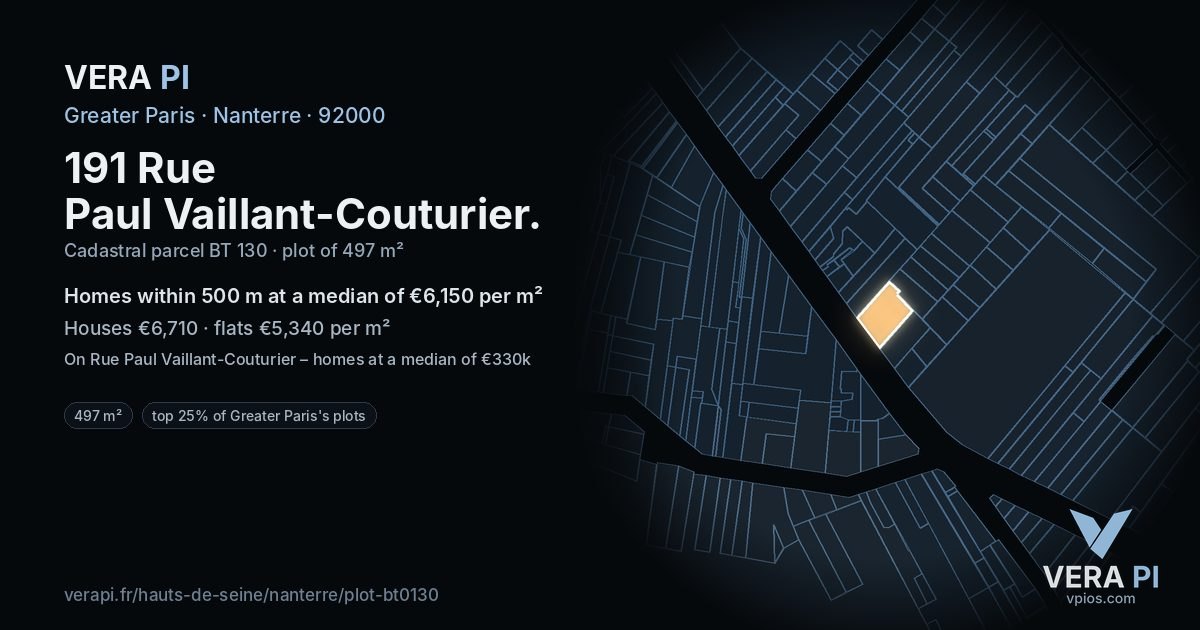 191 Rue Paul Vaillant-Couturier, Nanterre at night – the plot lit, the parcels around coloured by the prices near them