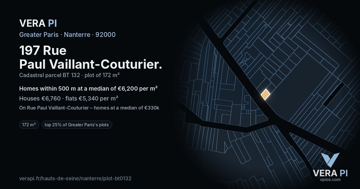 197 Rue Paul Vaillant-Couturier, Nanterre at night – the plot lit, the parcels around coloured by the prices near them