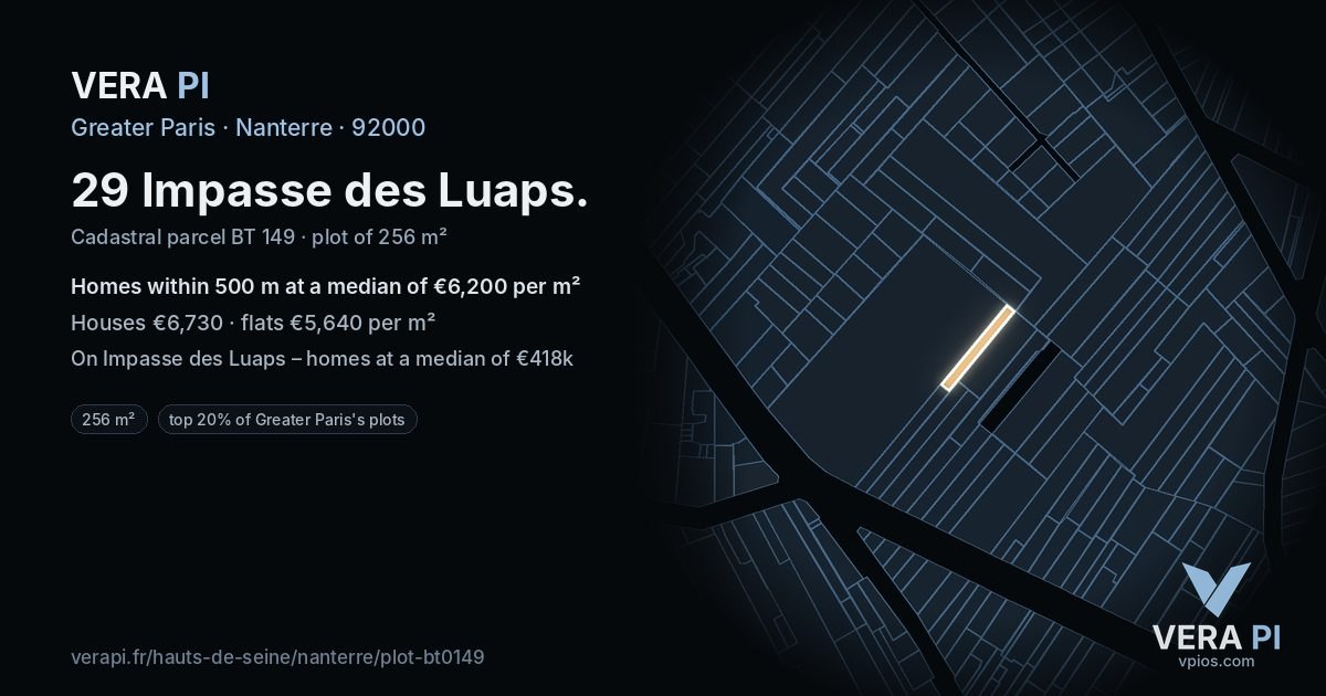 29 Impasse des Luaps, Nanterre at night – the plot lit, the parcels around coloured by the prices near them