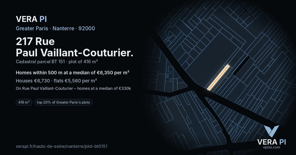 217 Rue Paul Vaillant-Couturier, Nanterre at night – the plot lit, the parcels around coloured by the prices near them