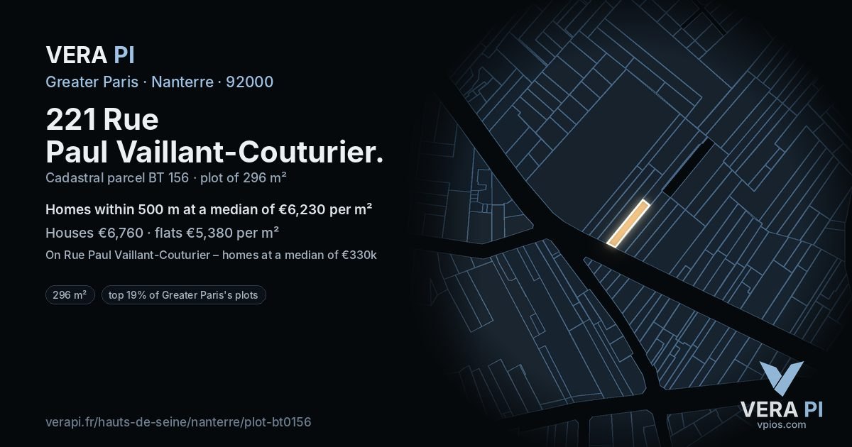 221 Rue Paul Vaillant-Couturier, Nanterre at night – the plot lit, the parcels around coloured by the prices near them