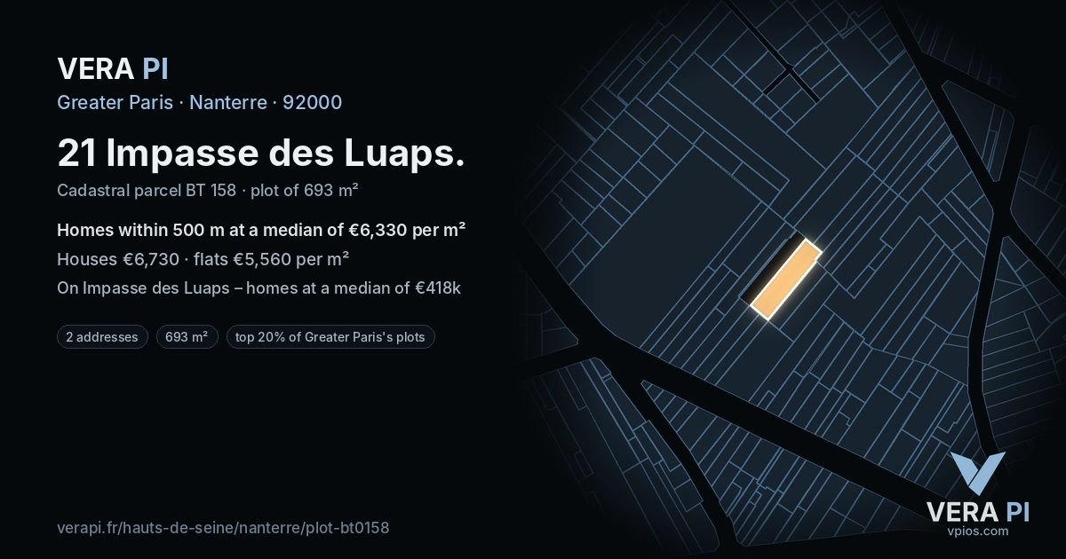 21 Impasse des Luaps, Nanterre at night – the plot lit, the parcels around coloured by the prices near them