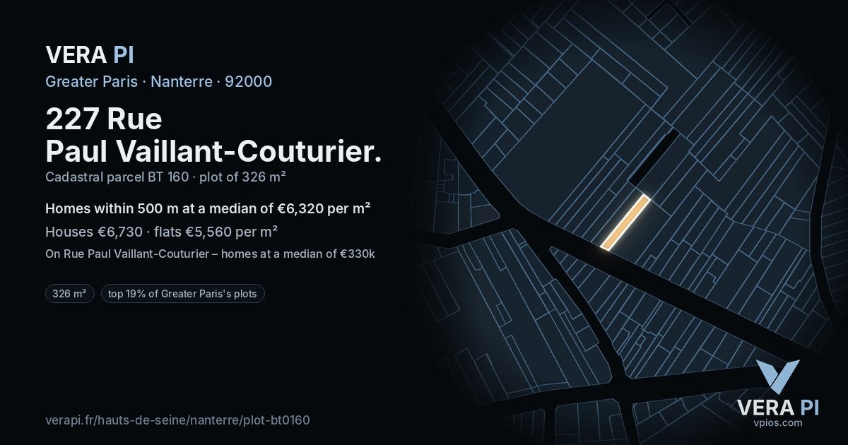 227 Rue Paul Vaillant-Couturier, Nanterre at night – the plot lit, the parcels around coloured by the prices near them
