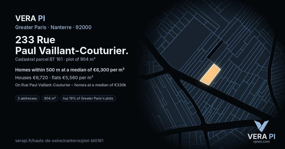 233 Rue Paul Vaillant-Couturier, Nanterre at night – the plot lit, the parcels around coloured by the prices near them