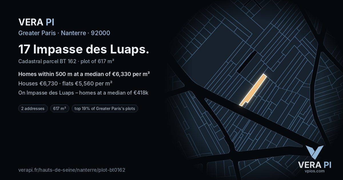 17 Impasse des Luaps, Nanterre at night – the plot lit, the parcels around coloured by the prices near them