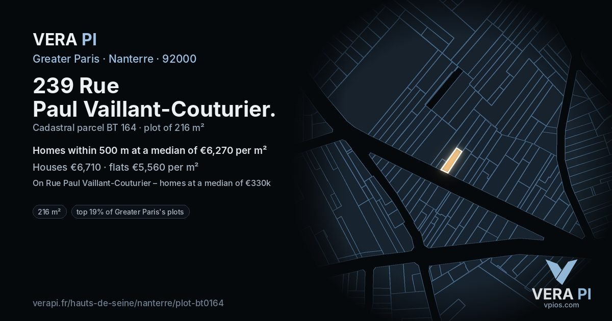 239 Rue Paul Vaillant-Couturier, Nanterre at night – the plot lit, the parcels around coloured by the prices near them
