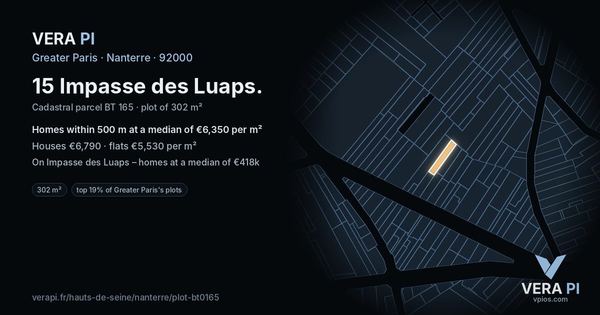15 Impasse des Luaps, Nanterre at night – the plot lit, the parcels around coloured by the prices near them
