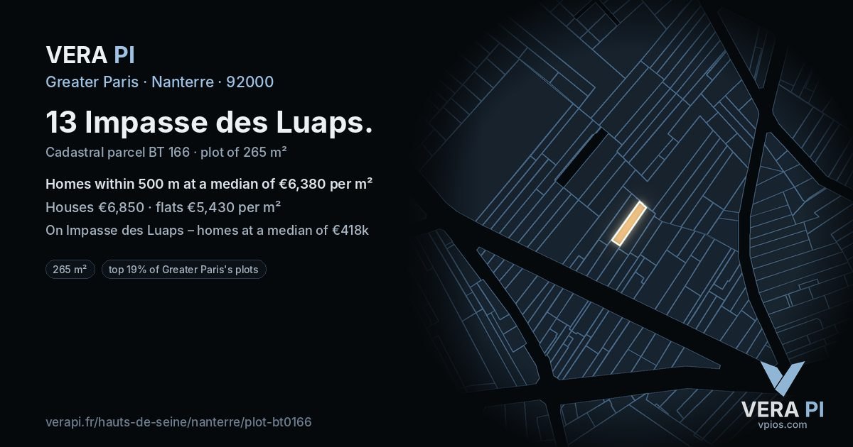 13 Impasse des Luaps, Nanterre at night – the plot lit, the parcels around coloured by the prices near them